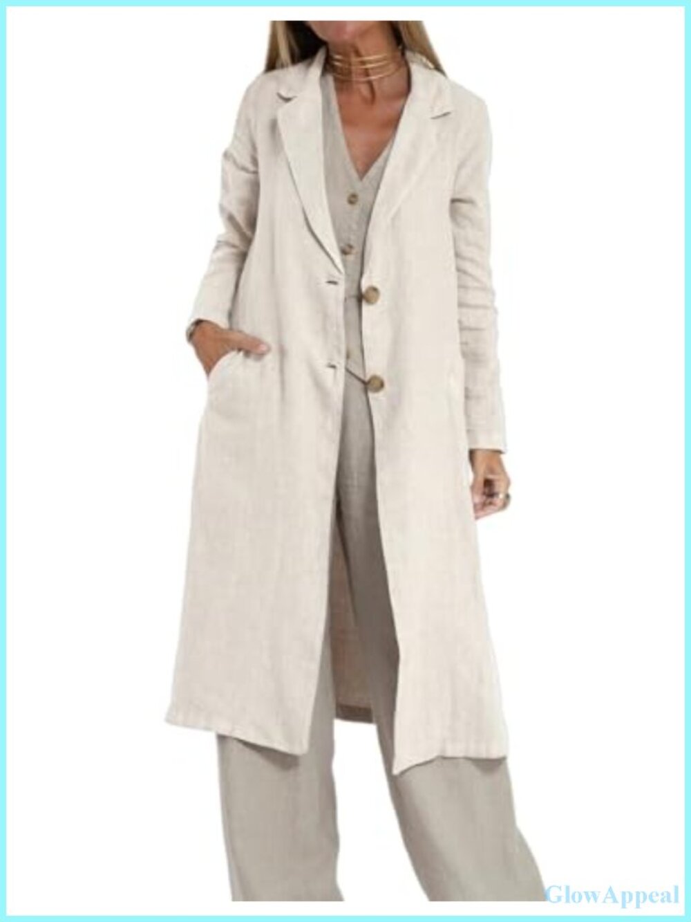 Women's Cotton Linen Long Blazer Casual Lightweight Trench Coat with Pockets